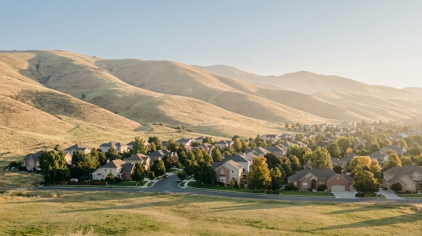 Boise foothills and a residential neighborhood at sunrise